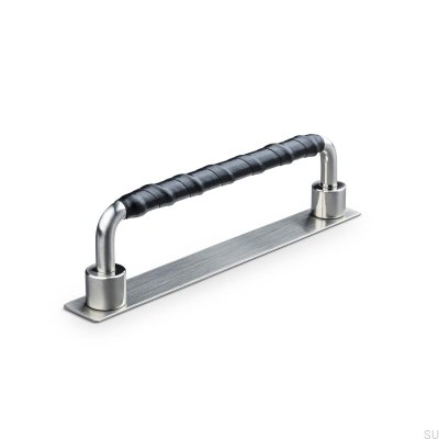 Asissi Wrapped 128 oblong furniture handle Silver Brushed with Black Leather