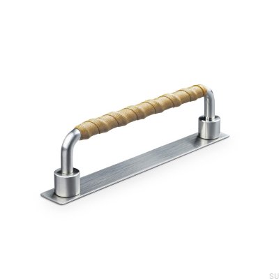Asissi Wrapped 128 oblong furniture handle Silver Brushed with Light Brown Leather