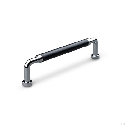 Oblong furniture handle Posta Swept 128 Polished Chrome with Black Leather