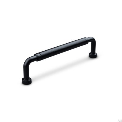 Posta Swept 128 oblong furniture handle in Matt Black Metal with Black Leather