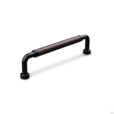 Oblong furniture handle Posta Swept 128 Metal Matt Black with Brown Leather