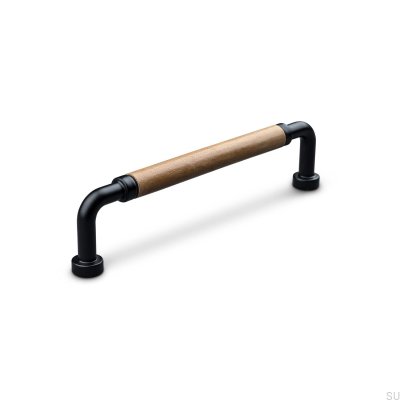 Oblong furniture handle Posta Swept 128 Metal Matt Black with Light Brown Leather