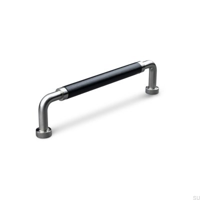 Oblong furniture handle Posta Swept 128 Brushed Silver with Black Leather