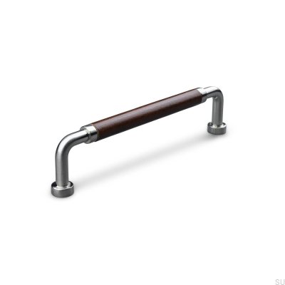 Oblong furniture handle Posta Swept 128 Brushed Silver with Brown Leather