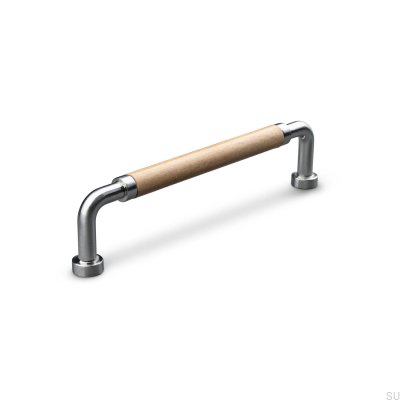 Oblong furniture handle Posta Swept 128 Brushed Silver with Light Brown Leather