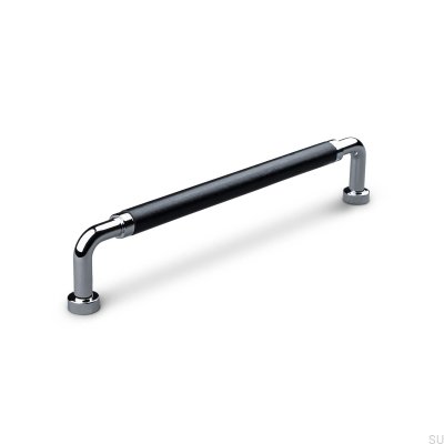 Oblong furniture handle Posta Swept 160 Polished Chrome with Black Leather
