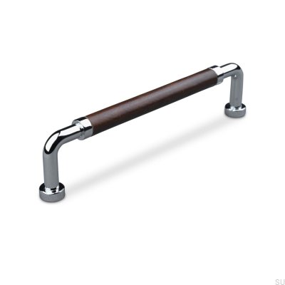 Oblong furniture handle Posta Swept 160 Polished Chrome with Light Brown Leather