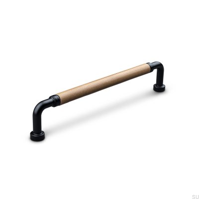 Oblong furniture handle Posta Swept 160 Metal Matt Black with Light Brown Leather
