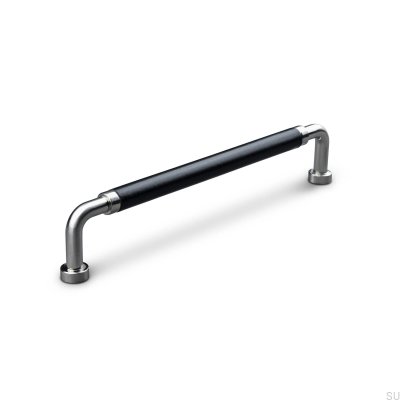 Oblong furniture handle Posta Swept 160 Brushed Silver with Black Leather