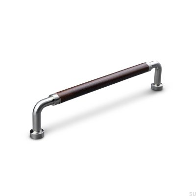 Oblong furniture handle Posta Swept 128 Brushed Silver with Brown Leather
