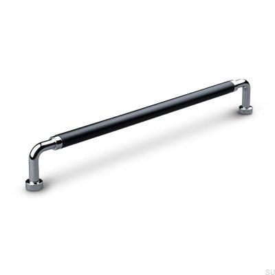 Oblong furniture handle Posta Swept 224 Polished Chrome with Black Leather