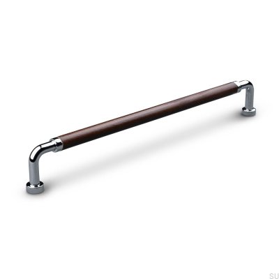 Oblong furniture handle Posta Swept 224 Polished Chrome with Brown Leather