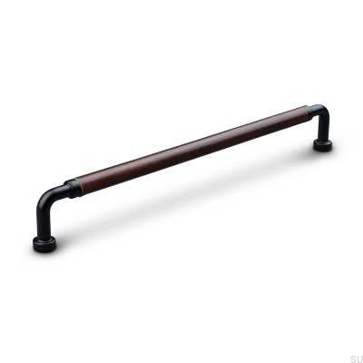 Oblong furniture handle Posta Swept 224 Metal Matt Black with Brown Leather