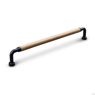 Oblong furniture handle Posta Swept 224 Metal Matt Black with Light Brown Leather