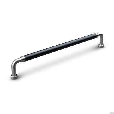 Oblong furniture handle Posta Swept 224 Brushed Silver with Black Leather