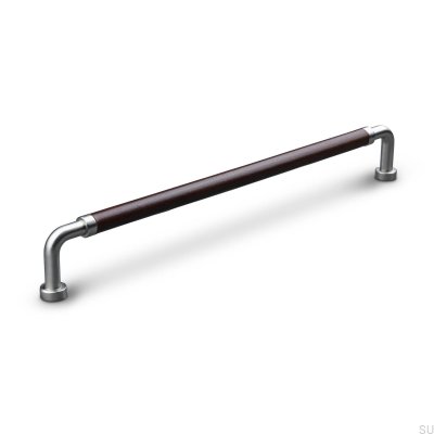 Oblong furniture handle Posta Swept 224 Brushed Silver with Brown Leather