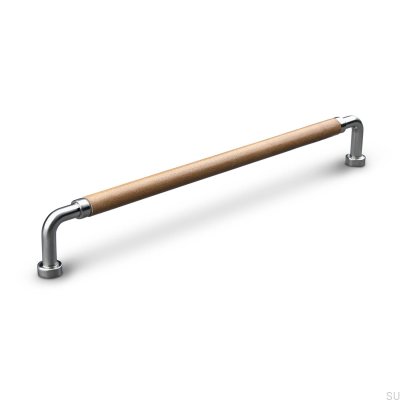 Oblong furniture handle Posta Swept 224 Brushed Silver with Light Brown Leather