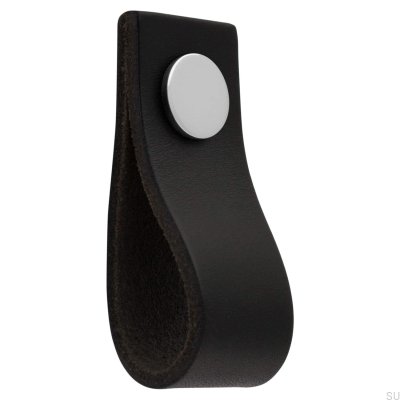 Loop Ari Black Leather Furniture Knob with Polished Chrome
