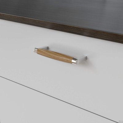 Hjo 128 oblong furniture handle, polished chrome with oak wood