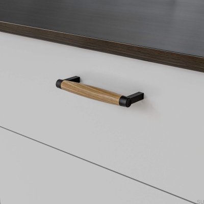 Hjo 128 oblong furniture handle, Matt Black Metal with Oak Wood