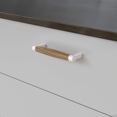 Hjo 128 oblong furniture handle in Matt White Metal with Oak Wood