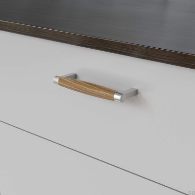 Hjo 128 oblong furniture handle, brushed silver with oak wood