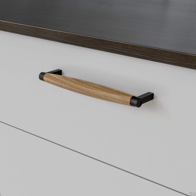 Hjo 192 oblong furniture handle, Matt Black Metal with Oak Wood