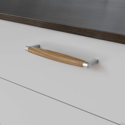 Oblong furniture handle Hjo 192 Brushed Silver with Oak Wood