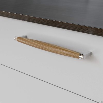 Hjo 256 oblong furniture handle, polished chrome with oak wood