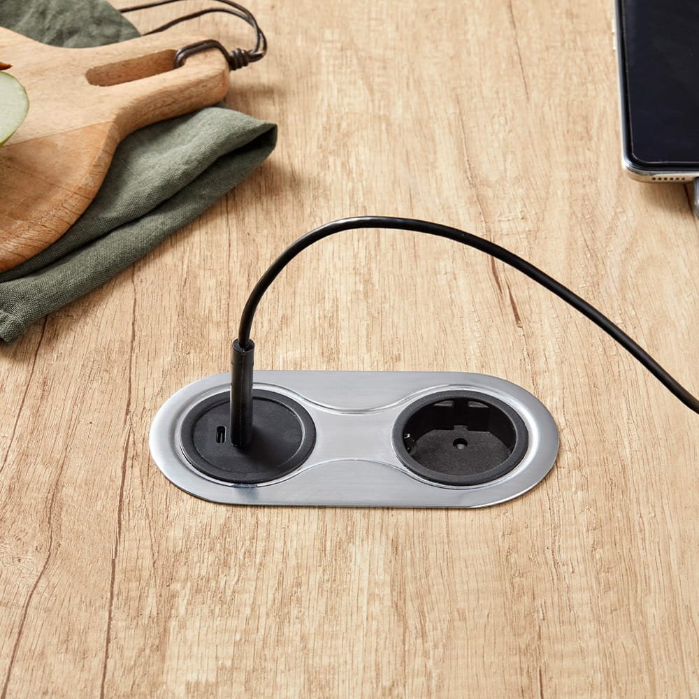 989017 Gniazdo podwójne z USB Infini Srebrne Szczotkowane