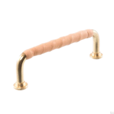Oblong furniture handle LL 1353 128 Polished brass with natural leather