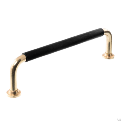 Oblong furniture handle LS 1353 128 Polished Brass with Black Leather