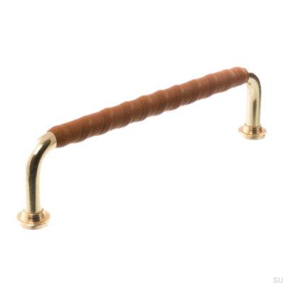 Oblong furniture handle 0131LL 1353 128 Polished brass with brown leather