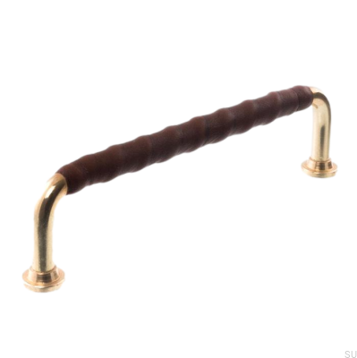 Oblong furniture handle 0132LL 1353 128 Polished Brass with Brown Leather