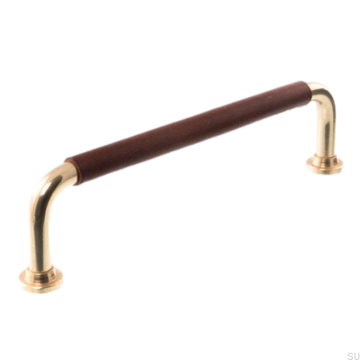 Oblong furniture handle 0132LS 1353 128 Polished Brass with Brown Leather
