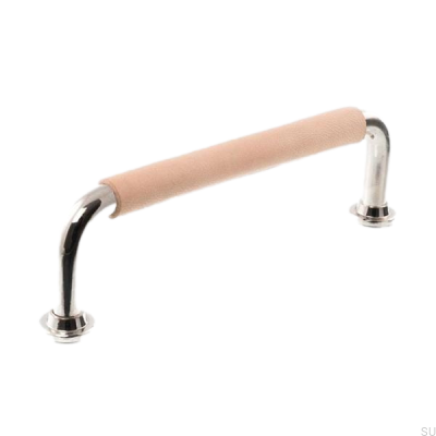 Oblong furniture handle LS 1353 128 Polished nickel with natural leather