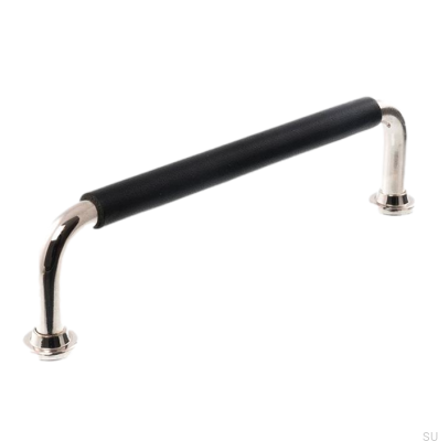 Oblong furniture handle LS 1353 128 Polished Nickel with Black Leather