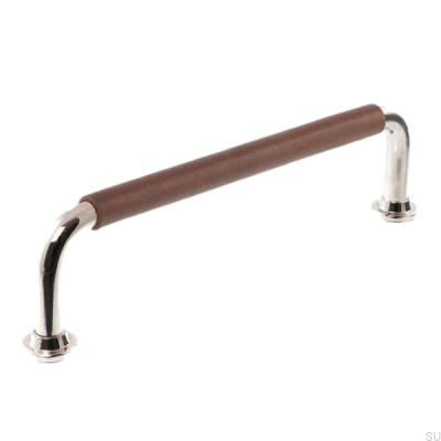 Oblong furniture handle 1131LS 1353 128 Polished nickel with brown leather