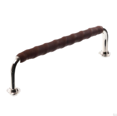 Oblong furniture handle 1132LL 1353 128 Polished Nickel with Brown Leather