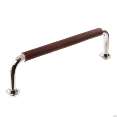 Oblong furniture handle 1132LS 1353 128 Polished Nickel with Brown Leather