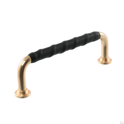 Oblong furniture handle LL 1353 96 Polished Brass with Black Leather