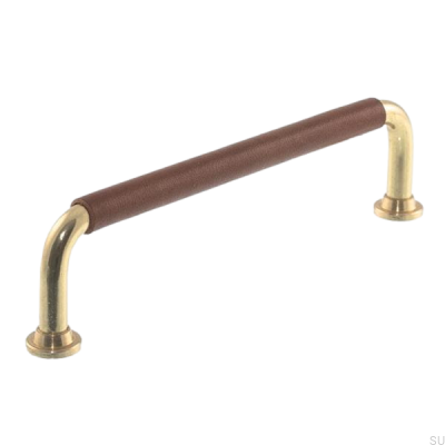 Oblong furniture handle LS 1353 96 Polished brass with brown leather