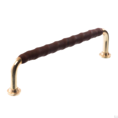 Oblong furniture handle LL 1353 96 Polished Brass with Dark Brown Leather