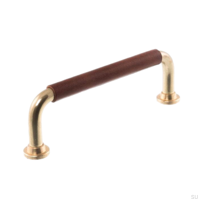 Oblong furniture handle LS 1353 96 Polished Brass with Dark Brown Leather