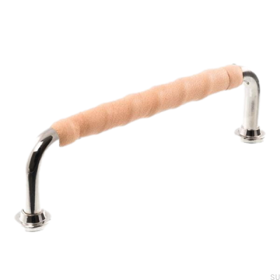 Oblong furniture handle LL 1353 96 Polished nickel with natural leather