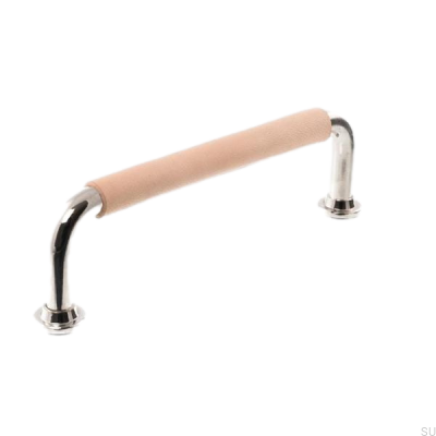 Oblong furniture handle LS 1353 96 Polished nickel with natural leather