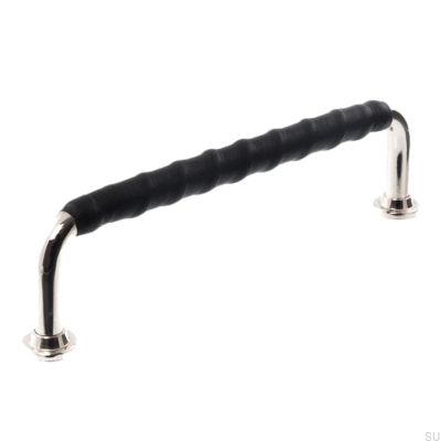 Oblong furniture handle LL 1353 96 Polished Nickel with Black Leather