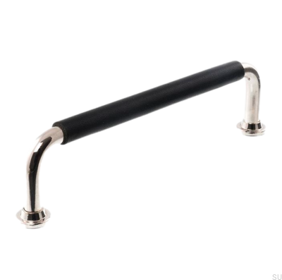 Oblong furniture handle LS 1353 96 Polished Nickel with Black Leather