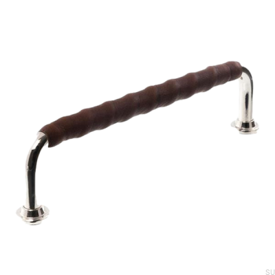 Oblong furniture handle LL 1353 96 Polished nickel with dark brown leather