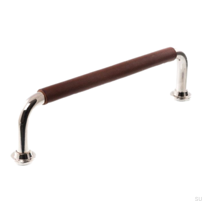 Oblong furniture handle LS 1353 96 Polished Nickel with Dark Brown Leather